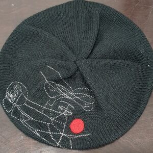Black Knit Beret Wool Blend with Red and Silver Embroidery